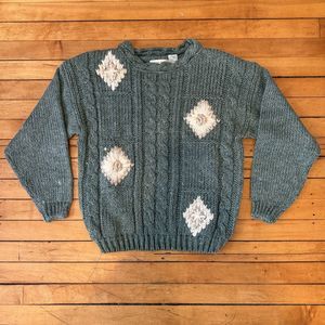 Vintage Shenanigans hand  Knit Sweater with Embroidered Flowers Green White L